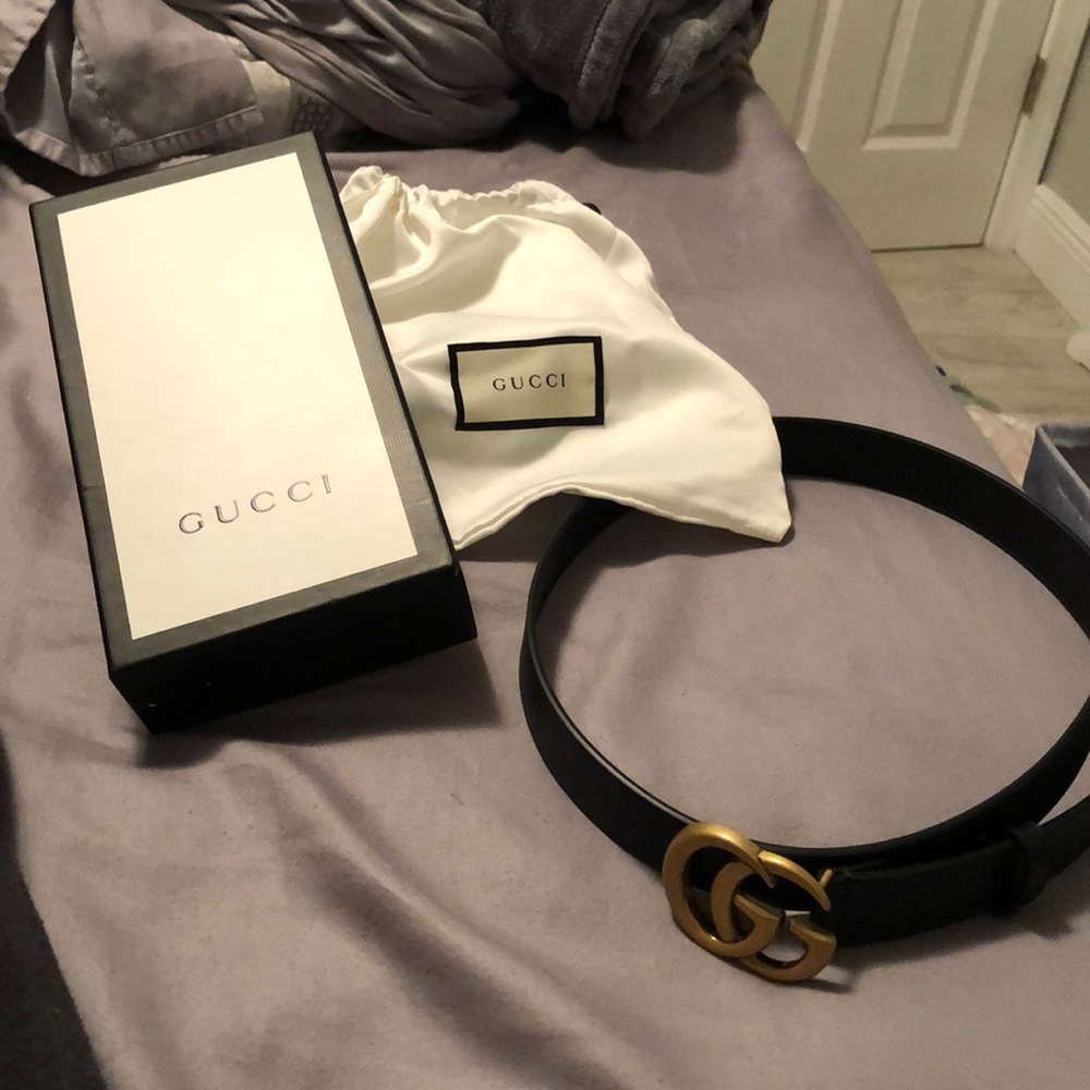Gold “GG” brass buckle black real leather belt